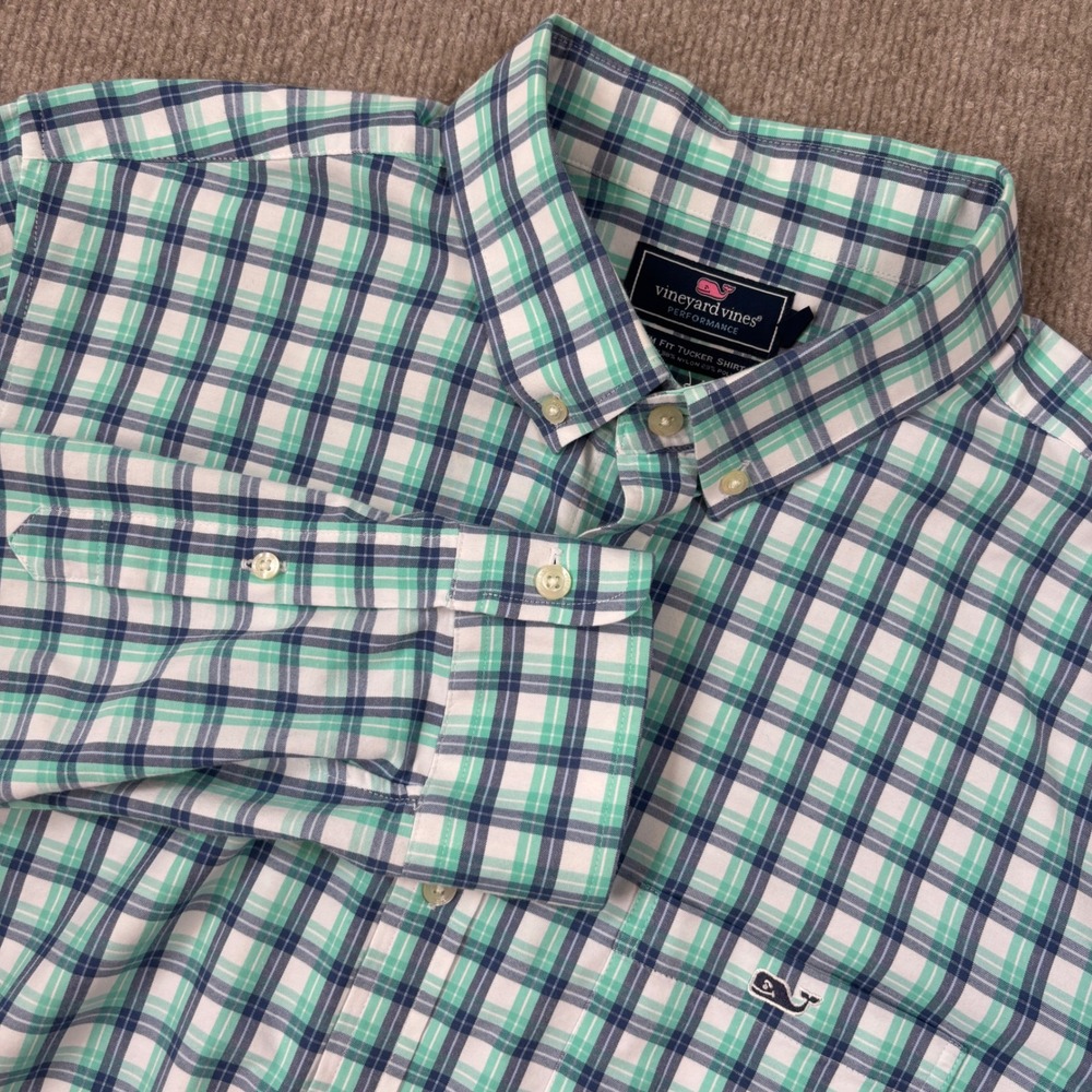 Vineyard Vines Performance Slim Fit Blue Plaid Tucker Shirt Men's Size XL EUC